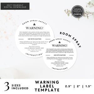 May include: Two circular white room spray warning labels with black text. The labels feature a warning symbol, safety instructions, and placeholders for brand name, address, and website. The text includes 'ROOM SPRAY SAFETY', 'WARNING!', and 'INSTRUCTIONS'. Sizes 2.5, 2, and 1.5 inches are listed.