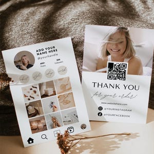 Vorlage für eine Dankeskarte im Instagram-Stil für Unternehmen, Canva, druckbare Postkarte mit QR-Code, selbst bearbeitbare Social-Media-Karte mit Fotos, QR-Code