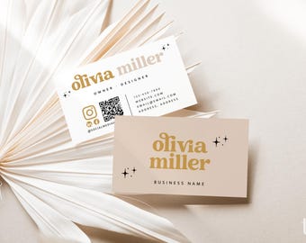 May include: Two rectangular business cards featuring the name Olivia Miller in gold serif typography with black star icons. One card is white with contact details, a QR code, and social media icons. The other card is beige with the text Business Name.