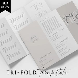 DIY dreifach gefaltene druckbare Preisliste Vorlage, bearbeitbares dreifach gefaltetes Preisblatt, Broschüre Preisliste, gefaltetes druckbares Salonmenü Spa-Menü -Emory