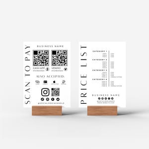 Printable Modern Price List & Payment Sign, QR Code Sign Template, Editable Scan to Pay Sign, Accepted Payments Sign Canva, Instant Download