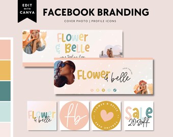 Rainbow Facebook Cover Template, Pastel Facebook Banner, Facebook Icon, Facebook Business Cover Image, DIY Facebook Canva Template - Bea