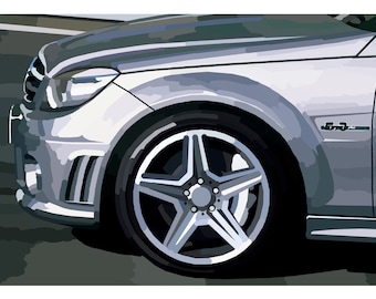 Puede incluir: Un Mercedes-Benz Clase C plateado con una rueda de cinco radios negra y plateada y el texto "55 AMG" en el lateral.