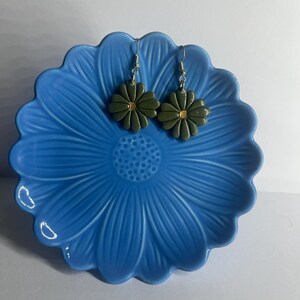 Olive Green Boho Flower Dangle Polymer Clay Earrings