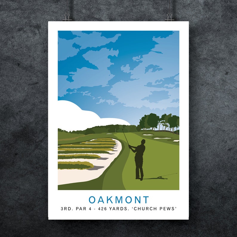 May include: A golfer takes a swing on a green golf course with a blue sky and white clouds in the background. The text "OAKMONT 3RD. PAR 4 - 426 YARDS. 'CHURCH PEWS'" is at the bottom of the image.