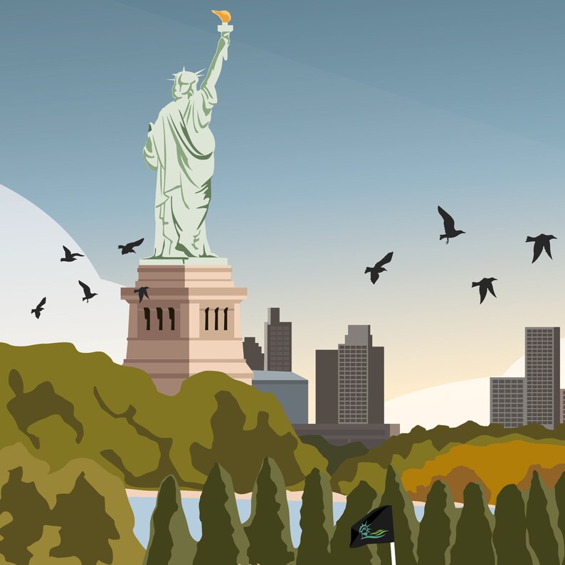 May include: A green statue of the Statue of Liberty with a torch in her hand, standing on a stone pedestal. The statue is in front of a cityscape with a blue sky and birds flying overhead.
