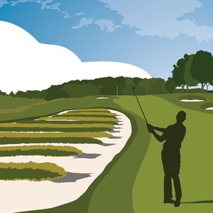 May include: A golfer swings a club on a green golf course with a sand trap in the foreground. The sky is blue with white clouds.