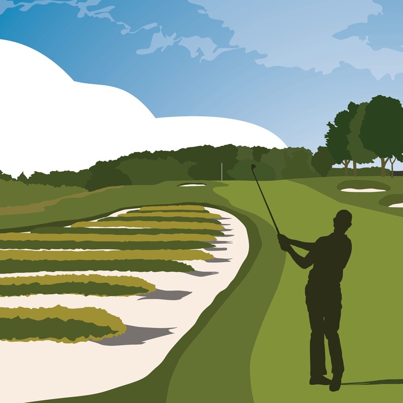 May include: A golfer swings a club on a green golf course with a sand trap in the foreground. The sky is blue with white clouds.
