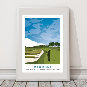 May include: A golf course illustration with a golfer swinging a club on the green. The sky is blue with white clouds. The text reads "Oakmont 3rd. Par 4 - 426 Yards. 'Church Pews'".