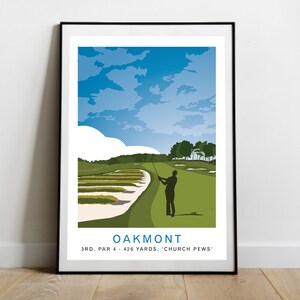 May include: A golfer tees off on a green golf course with a blue sky and white clouds in the background. The text "OAKMONT 3RD. PAR 4 - 426 YARDS. 'CHURCH PEWS'" is at the bottom of the image.