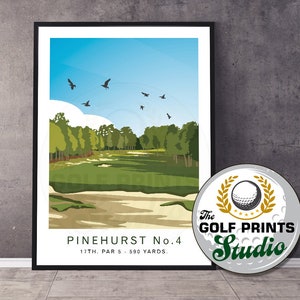 May include: A digital illustration of the 17th hole at Pinehurst No. 4 golf course. The illustration shows a green fairway with trees lining the sides and a sand trap in the foreground. The sky is blue with white clouds and there are birds flying overhead. The text "Pinehurst No. 4" and "17th. Par 5 - 590 Yards." is printed below the illustration.