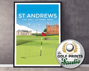 St Andrews Old Course Golf Club 17th Hole Golfer Gift Travel Art Poster Print Scotland Scottish Print Gift for him Son Open Golf Gift Dad
