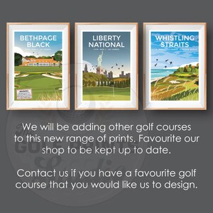 May include: Three framed illustrations of famous golf courses. The top of each frame has the name of the course in black text. The illustrations are of Bethpage Black, Liberty National, and Whistling Straits.