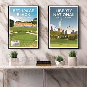 May include: Two framed prints of golf courses. The left print is of Bethpage Black, the 18th hole, par 4, 411 yards. The right print is of Liberty National, the 13th hole, par 5, 563 yards.
