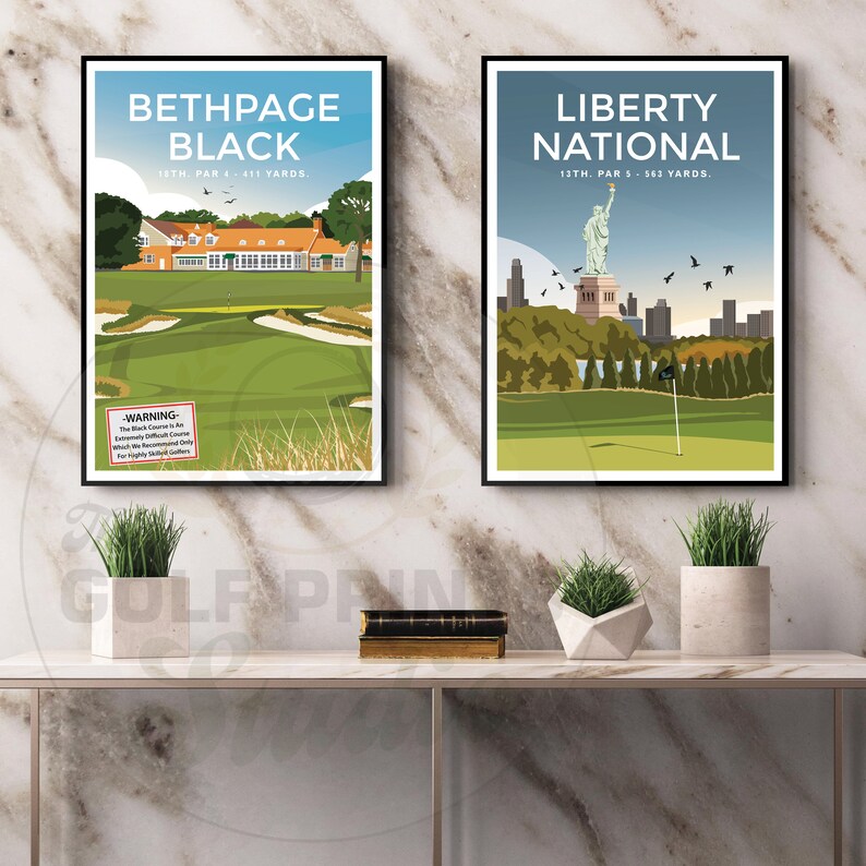 May include: Two framed prints of golf courses. The left print is of Bethpage Black, the 18th hole, par 4, 411 yards. The right print is of Liberty National, the 13th hole, par 5, 563 yards.