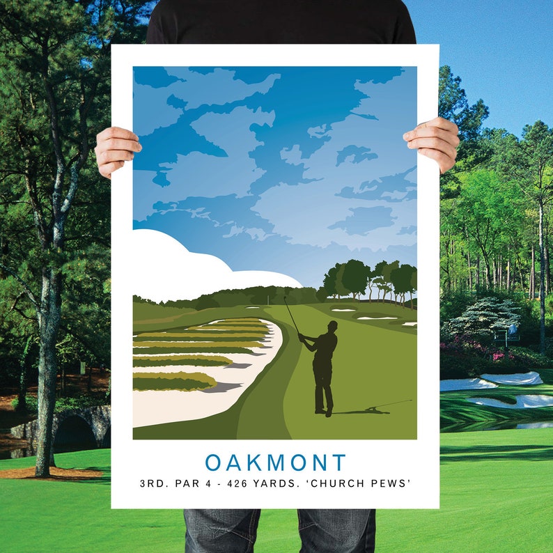 May include: A colorful illustration of a golf course with a golfer in silhouette. The text reads "Oakmont 3rd. Par 4 - 426 Yards. 'Church Pews'."