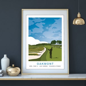 May include: A golf course illustration with a golfer taking a swing on the 3rd hole, a par 4, 426 yards, known as "Church Pews". The illustration is titled "Oakmont" and features a blue sky with white clouds.