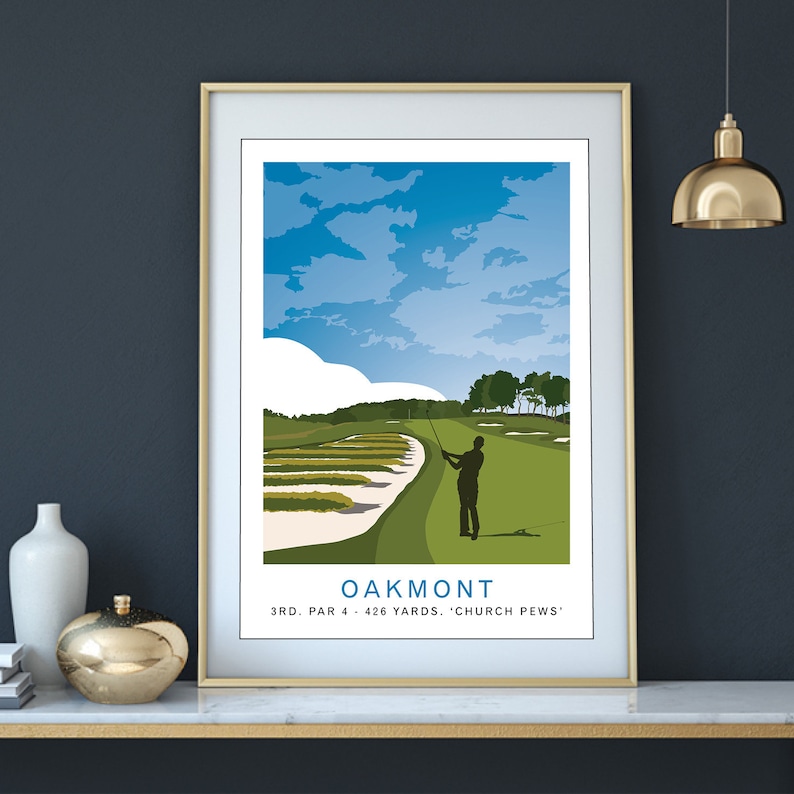May include: A golf course illustration with a golfer taking a swing on the 3rd hole, a par 4, 426 yards, known as "Church Pews". The illustration is titled "Oakmont" and features a blue sky with white clouds.