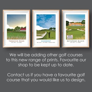 May include: Three framed illustrations of famous golf courses: Tobacco Road, Oakmont, and Bethpage Black. Each illustration features a green golf course with a golfer in the foreground and a clubhouse in the background. The illustrations are framed in wood with a white mat.