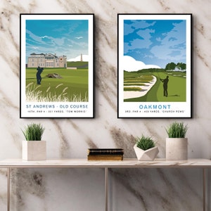 May include: Two framed prints of golf courses. The print on the left shows the 18th hole of the Old Course at St Andrews, Scotland. The print on the right shows the 3rd hole of Oakmont Country Club in Pennsylvania. Both prints feature a golfer in the foreground and text describing the hole.