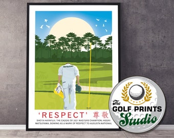 Augusta National US Masters Hideki Matsuyama Caddie Shota Hayafuji Amen Corner Travel Poster Print Gift for Golfer Golf Japan Art Print Gift