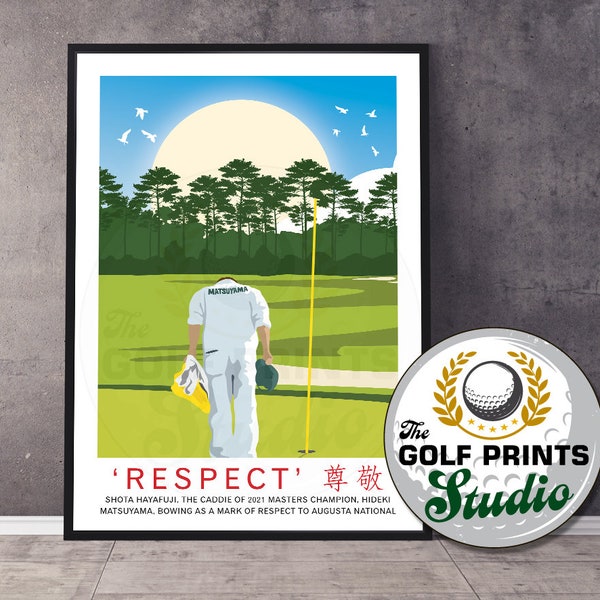 Augusta National US Masters Hideki Matsuyama Caddie Shota Hayafuji Amen Corner Travel Poster Print Gift for Golfer Golf Japan Art Print Gift