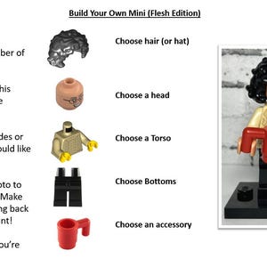May include: Instructions for building a custom Lego minifigure. Choose from a variety of hair, head, torso, bottoms, and accessories to create a unique minifigure. The image shows a completed minifigure with brown hair, a brown head, a tan torso with a brown sweater, black pants, and a red mug.