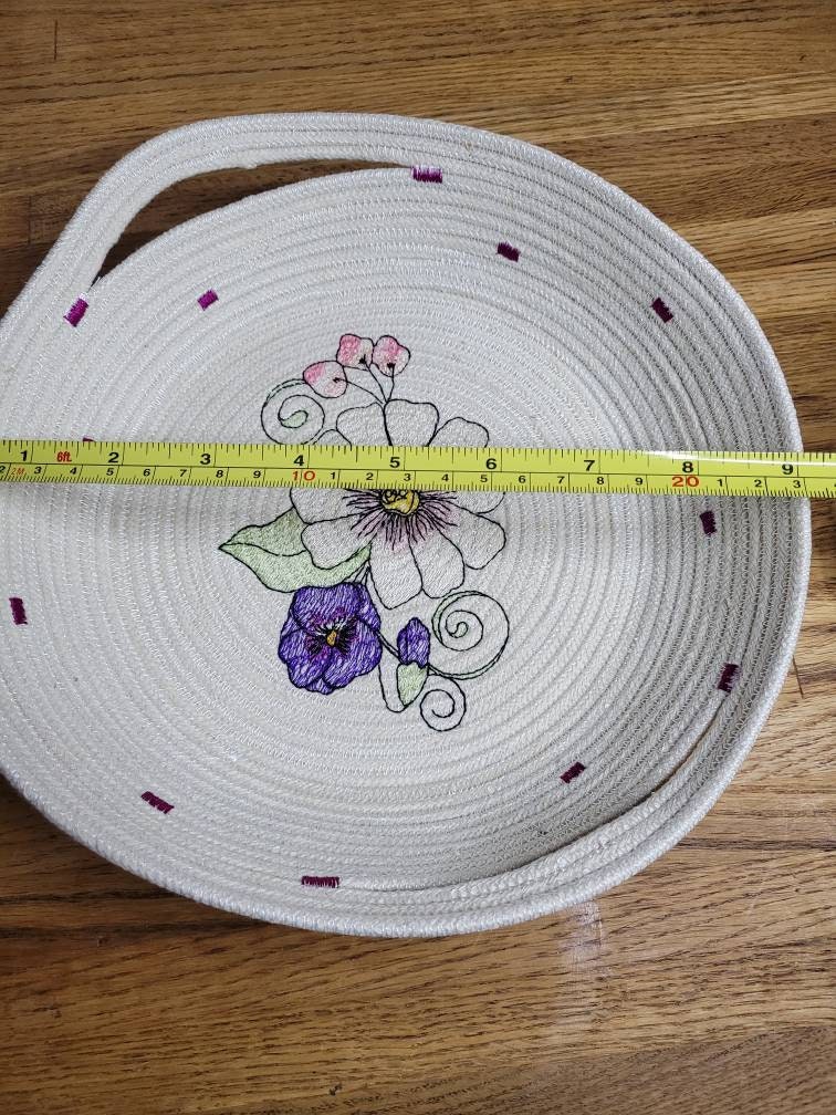 Rope basket with embroidered floral design 9 inch diameter 2.5 Etsy