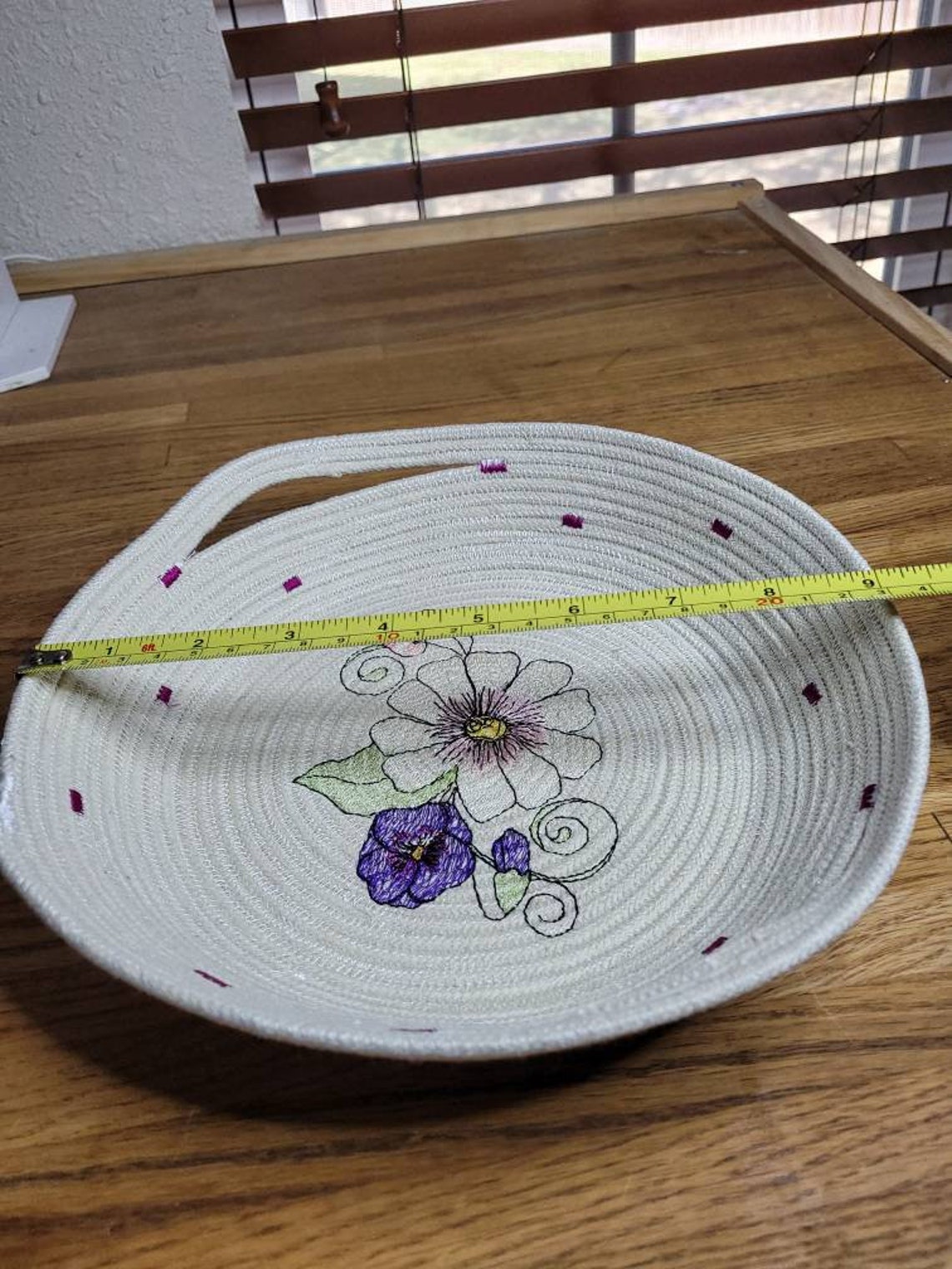 Rope basket with embroidered floral design 9 inch diameter 2.5 Etsy