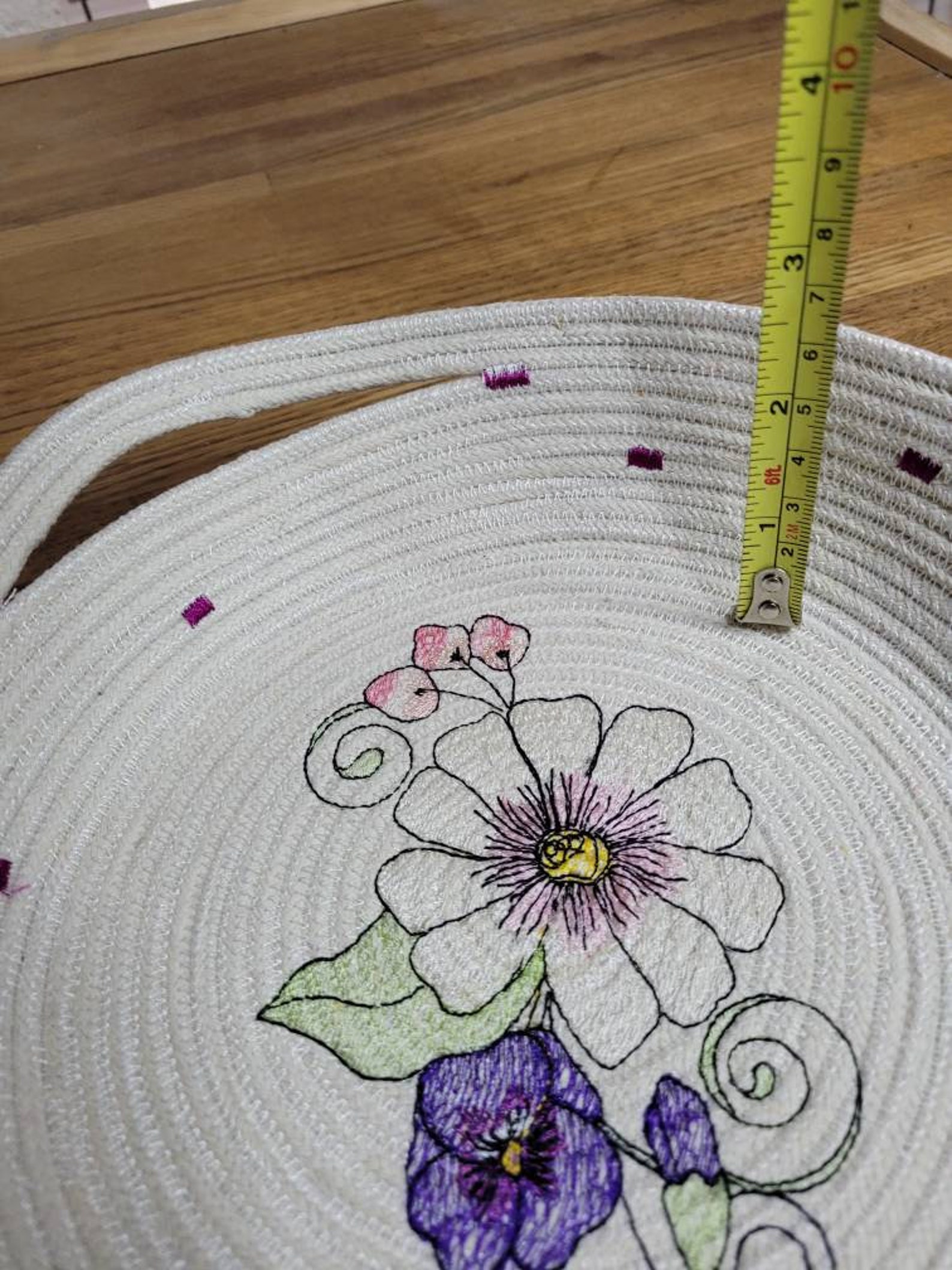 Rope basket with embroidered floral design 9 inch diameter 2.5 Etsy