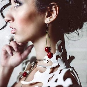Handcrafted Red Cherry Dangle Earrings: Nature Inspired Clay Jewelry