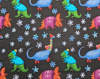 Christmas Dinosaur French Terry, Xmas Dino Stretch Knit, Winter Dinosaur Sweatshirt fabric