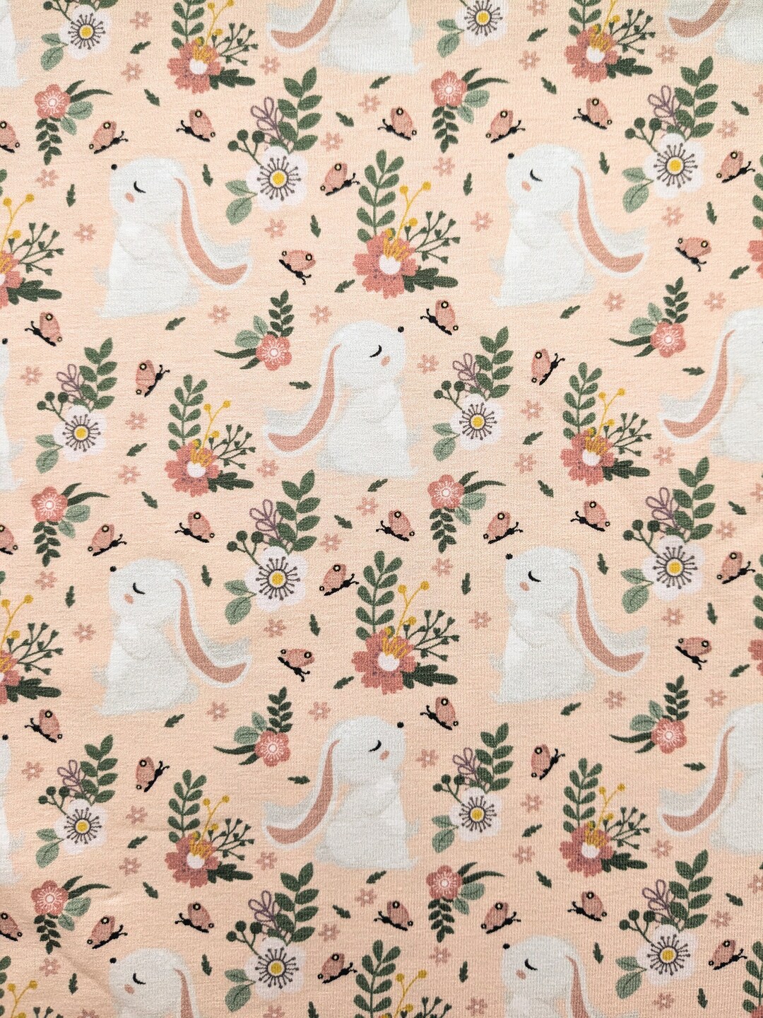 Easter Bunny Pink Fabric, Cute White Rabbit Fabric, Easter Jersey ...
