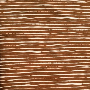 May include: A fabric featuring a repeating pattern of brown, uneven, horizontal stripes on a cream background. The stripes vary in width and have a hand-drawn appearance, creating a textured effect. The design is simple and modern.