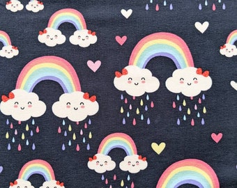 Rainbow Stretch Knit Fabric, French Terry fabric, Rainbow Rain Clouds knit fabric