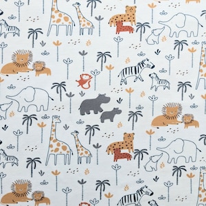 Tessuto jersey con animali dello zoo, tessuto elasticizzato con elefanti, cotone elasticizzato con giraffe