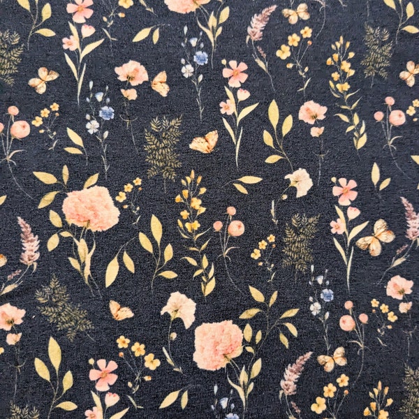 Kleiner Blümchen Jersey Stoff, Wildblumen Stretch Stoff, Dunkel Blau Blümchen Strickstoff