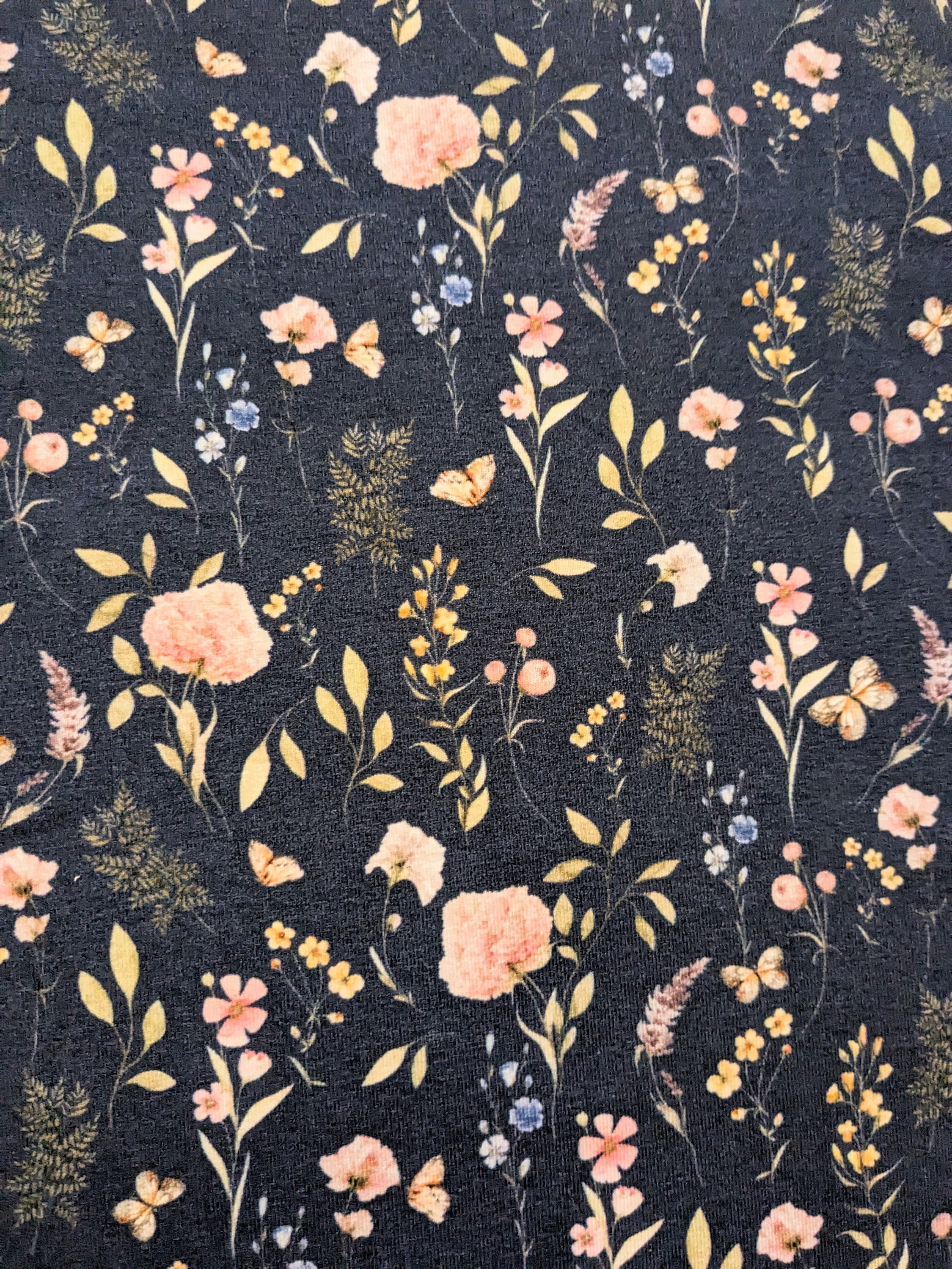 Ditsy Floral Jersey fabric, Wildflower stretch Fabric, Dark Blue Floral Knit