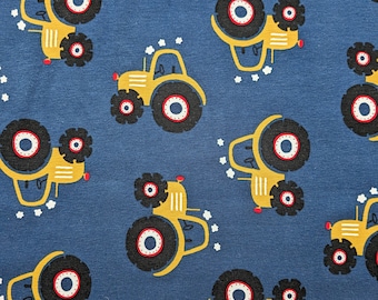 Tractor Jersey Fabric, Yellow Tractor Jersey, Blue with Mustard Yellow Tractor Stretch Knit