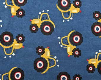 Tractor Jersey Fabric, Yellow Tractor Jersey, Blue with Mustard Yellow Tractor Stretch Knit