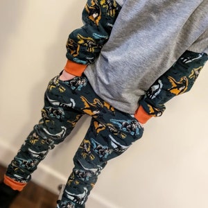May include: A pair of dark green pants with a dinosaur print. The pants have orange trim at the cuffs and pockets. The pants are made of a soft, comfortable fabric.