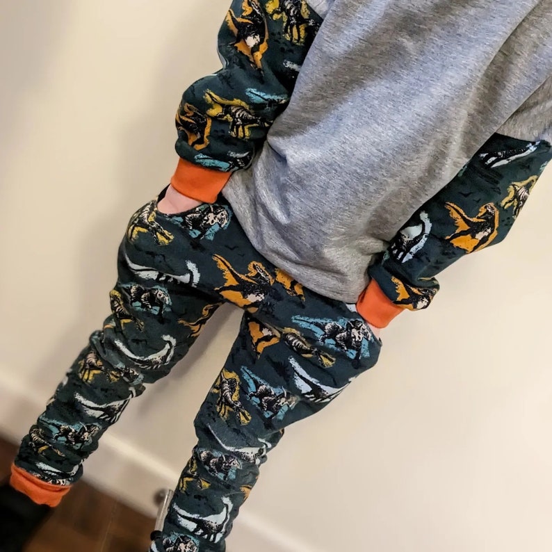 May include: A pair of dark green pants with a dinosaur print. The pants have orange trim at the cuffs and pockets. The pants are made of a soft, comfortable fabric.