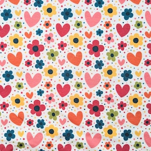 Rainbow Heart jersey fabric, Spring flower stretch knit, Heart stretch cotton fabric