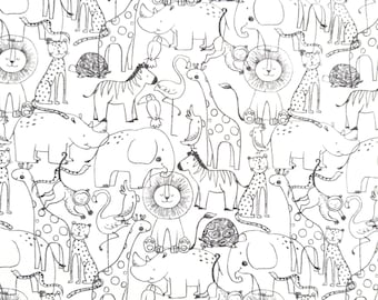 Baby Safari Jersey Fabric, Elephant fabric, Giraffe jersey, Flamingo cream fabric