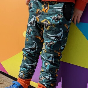 May include: Green pants with a dinosaur print. The pants have an orange cuff at the bottom and a black pocket on the right side.
