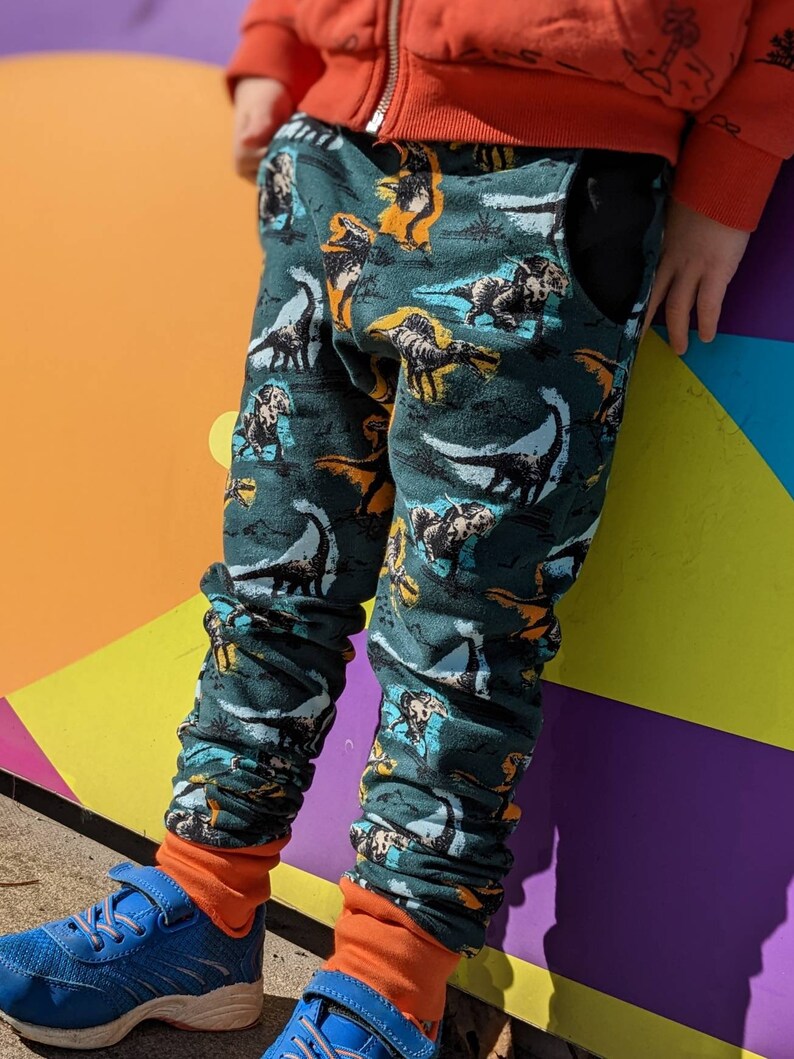 May include: Green pants with a dinosaur print. The pants have an orange cuff at the bottom and a black pocket on the right side.