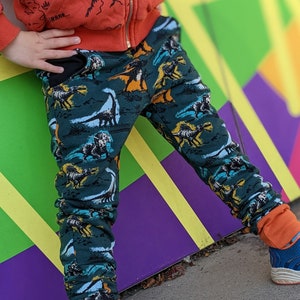 May include: A child wearing a red hoodie and green pants with a dinosaur print. The pants have an orange cuff at the bottom. The child is standing in front of a colorful wall.