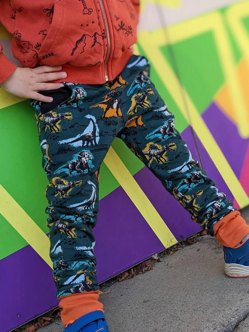 May include: A child wearing a red hoodie and green pants with a dinosaur print. The pants have an orange cuff at the bottom. The child is standing in front of a colorful wall.