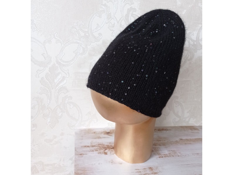 knitted hat sequins hat sequins beanie sequins Black knitted angora hat with sequins stylish beanie angora spring angora sequins