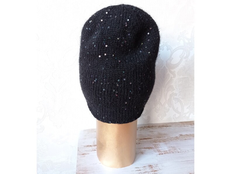 knitted hat sequins hat sequins beanie sequins Black knitted angora hat with sequins stylish beanie angora spring angora sequins